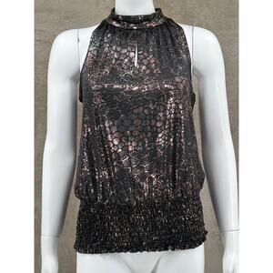 Essentials by Milano Top Womens Medium Bronze Metallic Sleeveless Smocked Shine